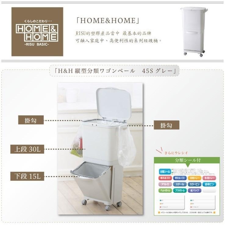 日本RISU｜H&H直立雙層分類附輪(單蓋)式垃圾桶 45L-細節圖8