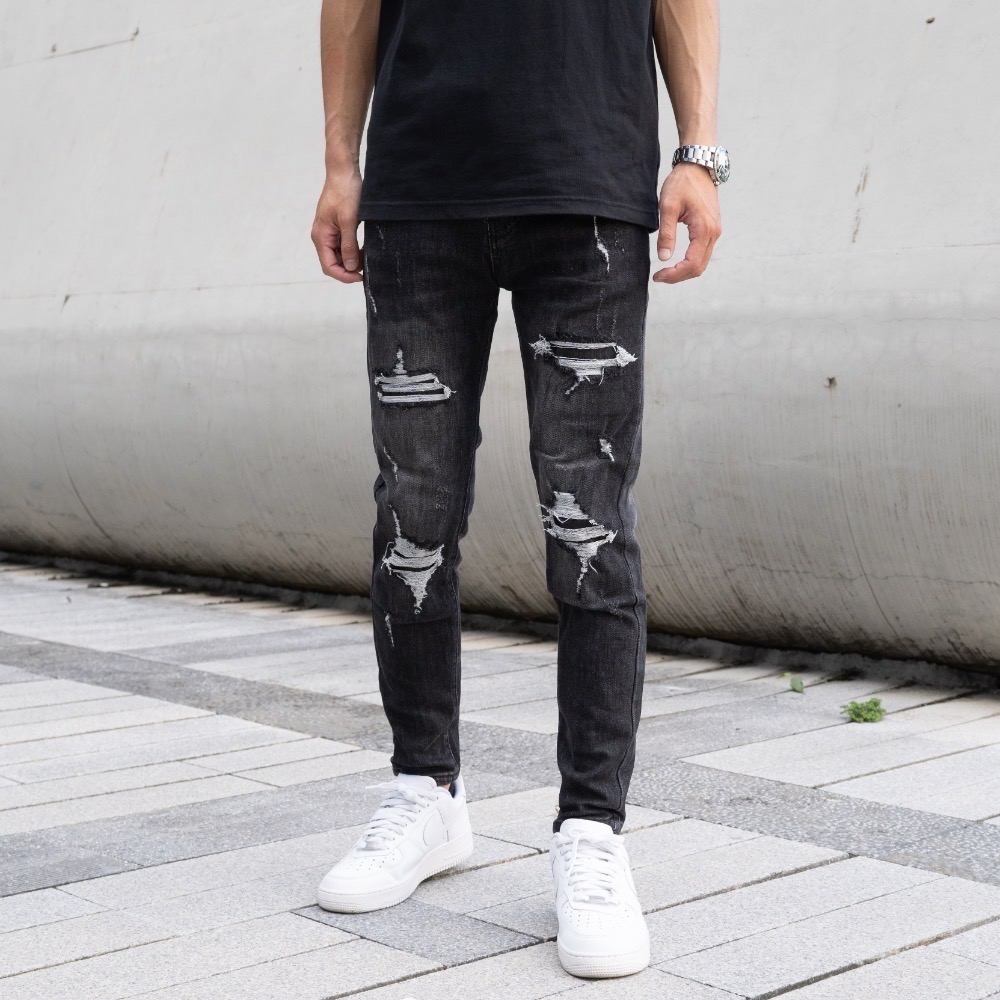 【CH】歐美潮流 暗黑騎士完美破壞牛仔長褲 重磅 高彈性 深色牛仔褲 牛仔破褲 黑色牛仔褲 男生褲子 顯瘦褲#41999-細節圖2