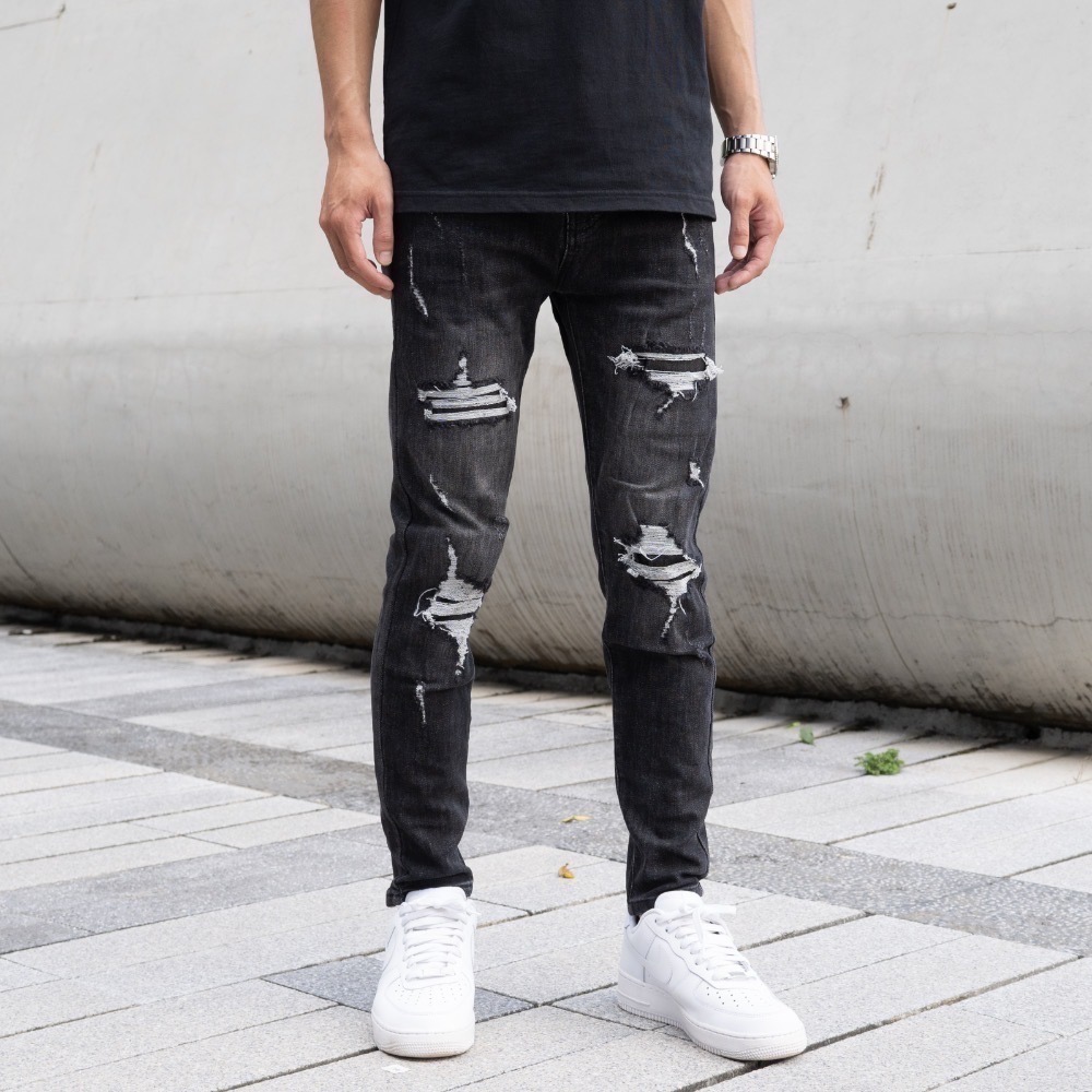 【CH】歐美潮流 暗黑騎士完美破壞牛仔長褲 重磅 高彈性 深色牛仔褲 牛仔破褲 黑色牛仔褲 男生褲子 顯瘦褲#41999-細節圖3