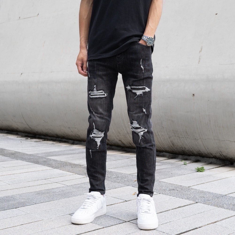 【CH】歐美潮流 暗黑騎士完美破壞牛仔長褲 重磅 高彈性 深色牛仔褲 牛仔破褲 黑色牛仔褲 男生褲子 顯瘦褲#41999-細節圖4
