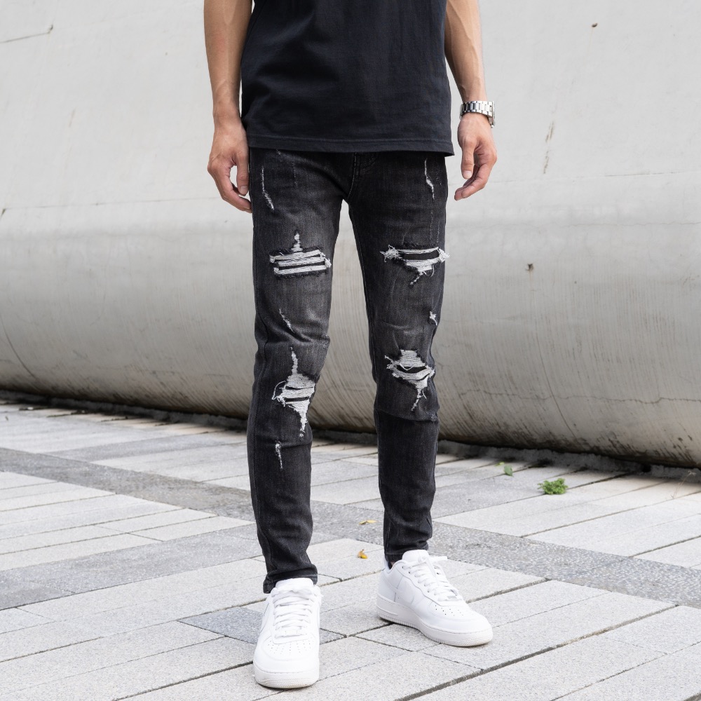 【CH】歐美潮流 暗黑騎士完美破壞牛仔長褲 重磅 高彈性 深色牛仔褲 牛仔破褲 黑色牛仔褲 男生褲子 顯瘦褲#41999-細節圖5