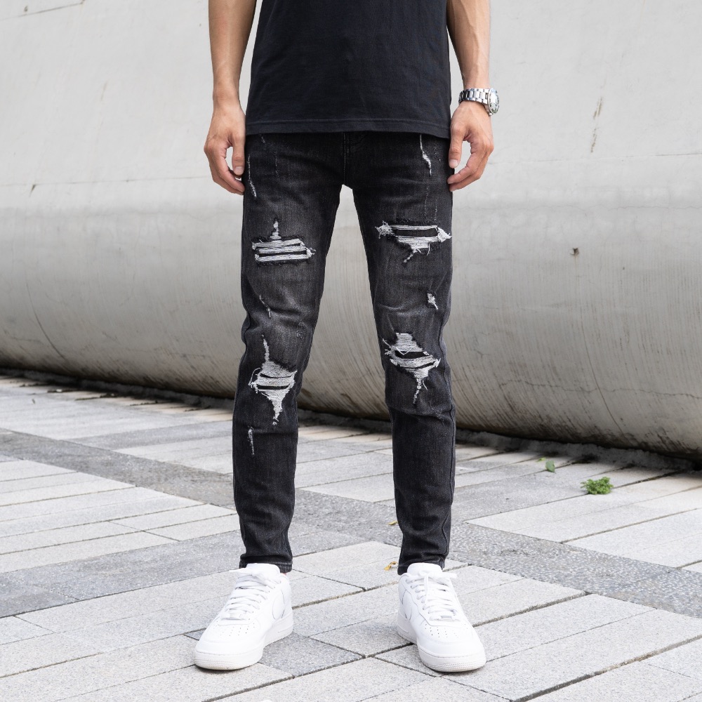 【CH】歐美潮流 暗黑騎士完美破壞牛仔長褲 重磅 高彈性 深色牛仔褲 牛仔破褲 黑色牛仔褲 男生褲子 顯瘦褲#41999-細節圖6