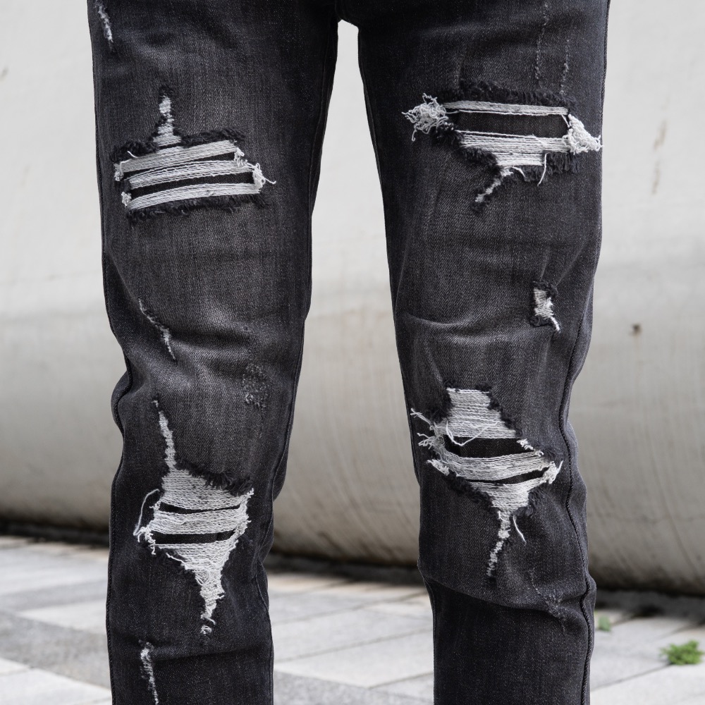 【CH】歐美潮流 暗黑騎士完美破壞牛仔長褲 重磅 高彈性 深色牛仔褲 牛仔破褲 黑色牛仔褲 男生褲子 顯瘦褲#41999-細節圖7