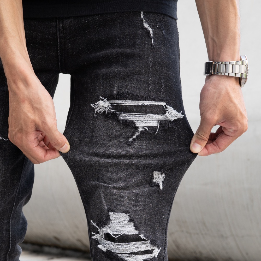 【CH】歐美潮流 暗黑騎士完美破壞牛仔長褲 重磅 高彈性 深色牛仔褲 牛仔破褲 黑色牛仔褲 男生褲子 顯瘦褲#41999-細節圖8