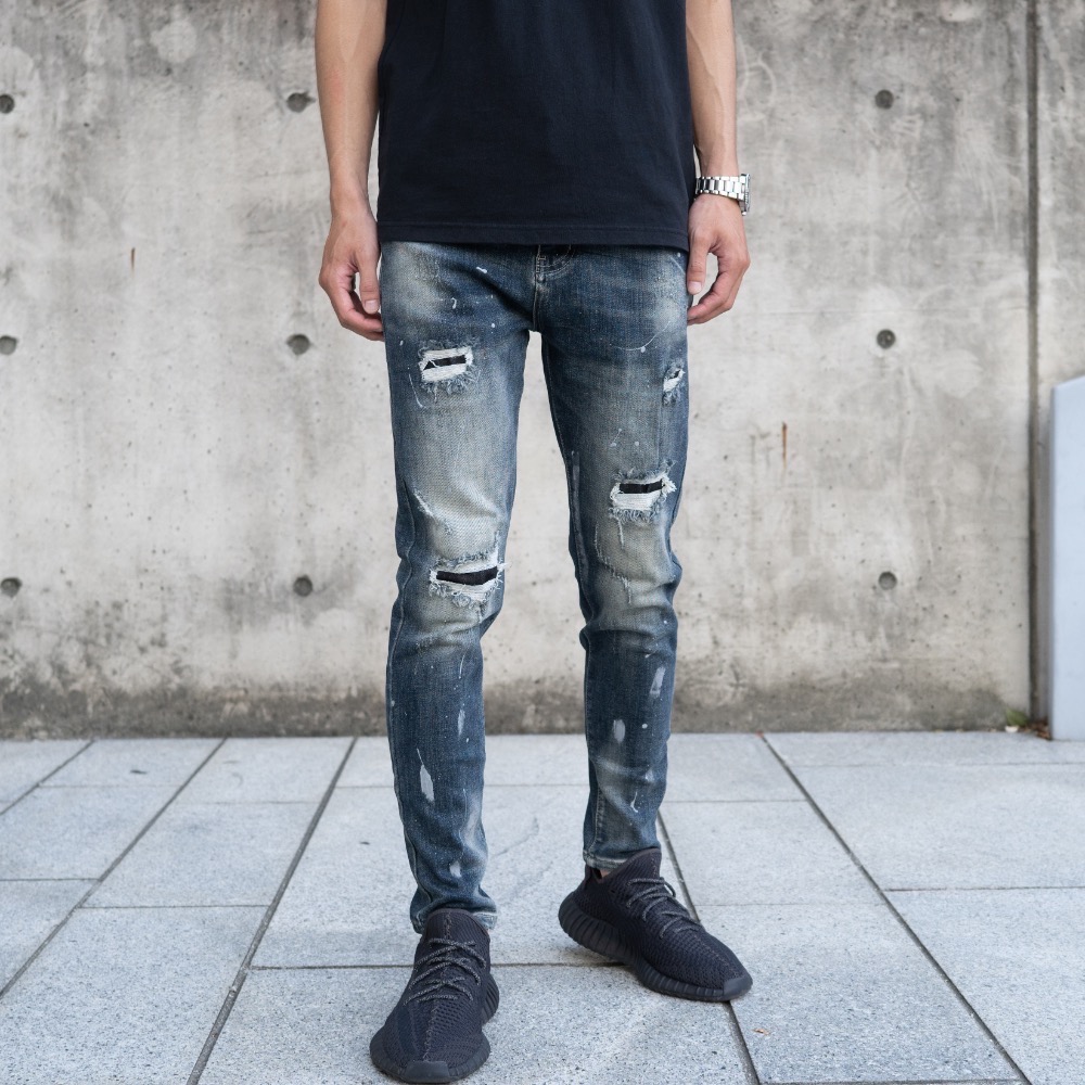 【CH】街頭迷霧潑漆破洞中藍牛仔長褲 立體剪裁 顯瘦褲 高彈性 破壞牛仔褲 破褲 水洗牛仔褲 89 男生長褲#41038-細節圖2