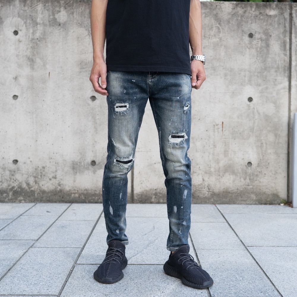 【CH】街頭迷霧潑漆破洞中藍牛仔長褲 立體剪裁 顯瘦褲 高彈性 破壞牛仔褲 破褲 水洗牛仔褲 89 男生長褲#41038-細節圖3