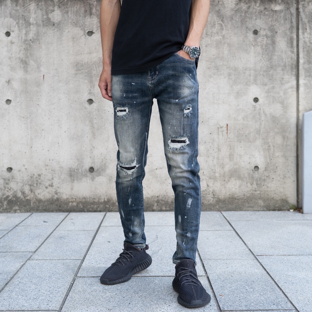 【CH】街頭迷霧潑漆破洞中藍牛仔長褲 立體剪裁 顯瘦褲 高彈性 破壞牛仔褲 破褲 水洗牛仔褲 89 男生長褲#41038-細節圖4