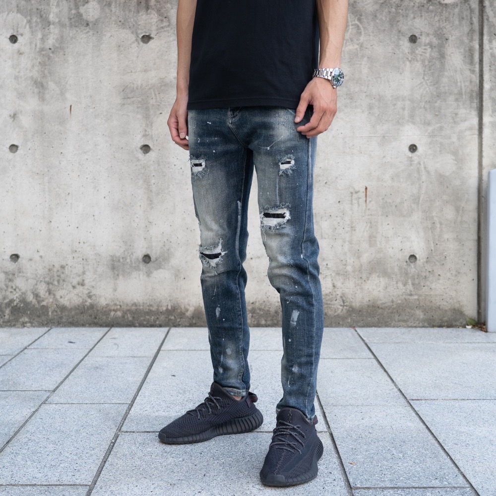 【CH】街頭迷霧潑漆破洞中藍牛仔長褲 立體剪裁 顯瘦褲 高彈性 破壞牛仔褲 破褲 水洗牛仔褲 89 男生長褲#41038-細節圖5