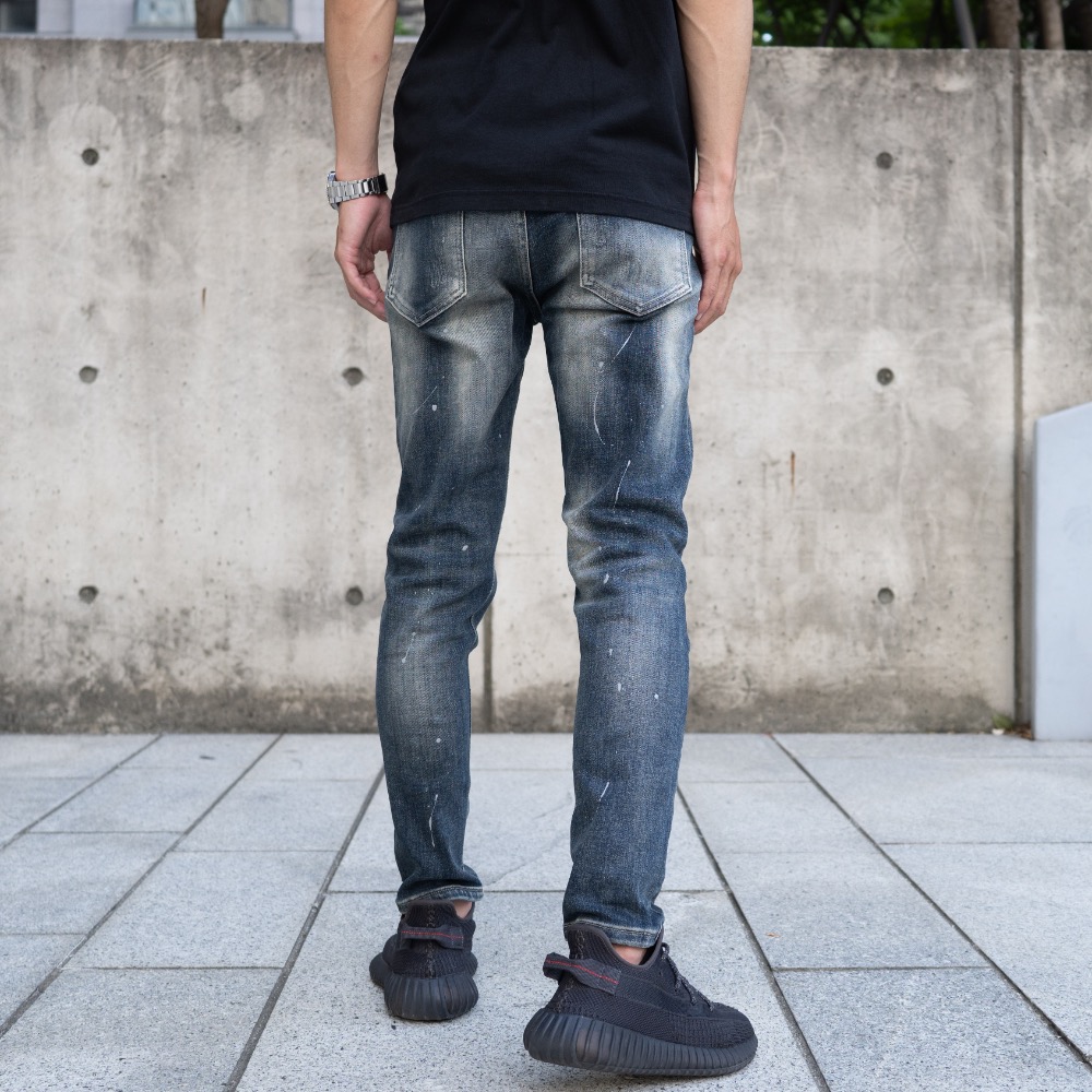 【CH】街頭迷霧潑漆破洞中藍牛仔長褲 立體剪裁 顯瘦褲 高彈性 破壞牛仔褲 破褲 水洗牛仔褲 89 男生長褲#41038-細節圖9