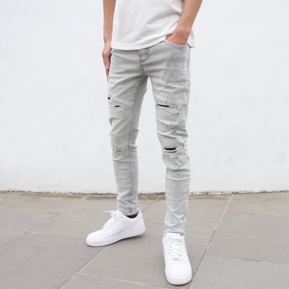 【CH】精緻白鯨修身刷破牛仔長褲 淺色牛仔褲 高腰褲 男生長褲 彈性丹寧牛仔褲 似D2褲 灰色牛仔破褲#41061-細節圖2