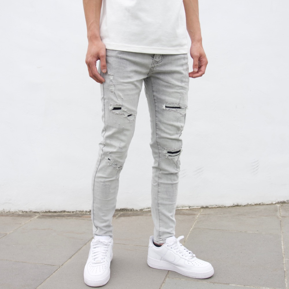 【CH】精緻白鯨修身刷破牛仔長褲 淺色牛仔褲 高腰褲 男生長褲 彈性丹寧牛仔褲 似D2褲 灰色牛仔破褲#41061-細節圖3