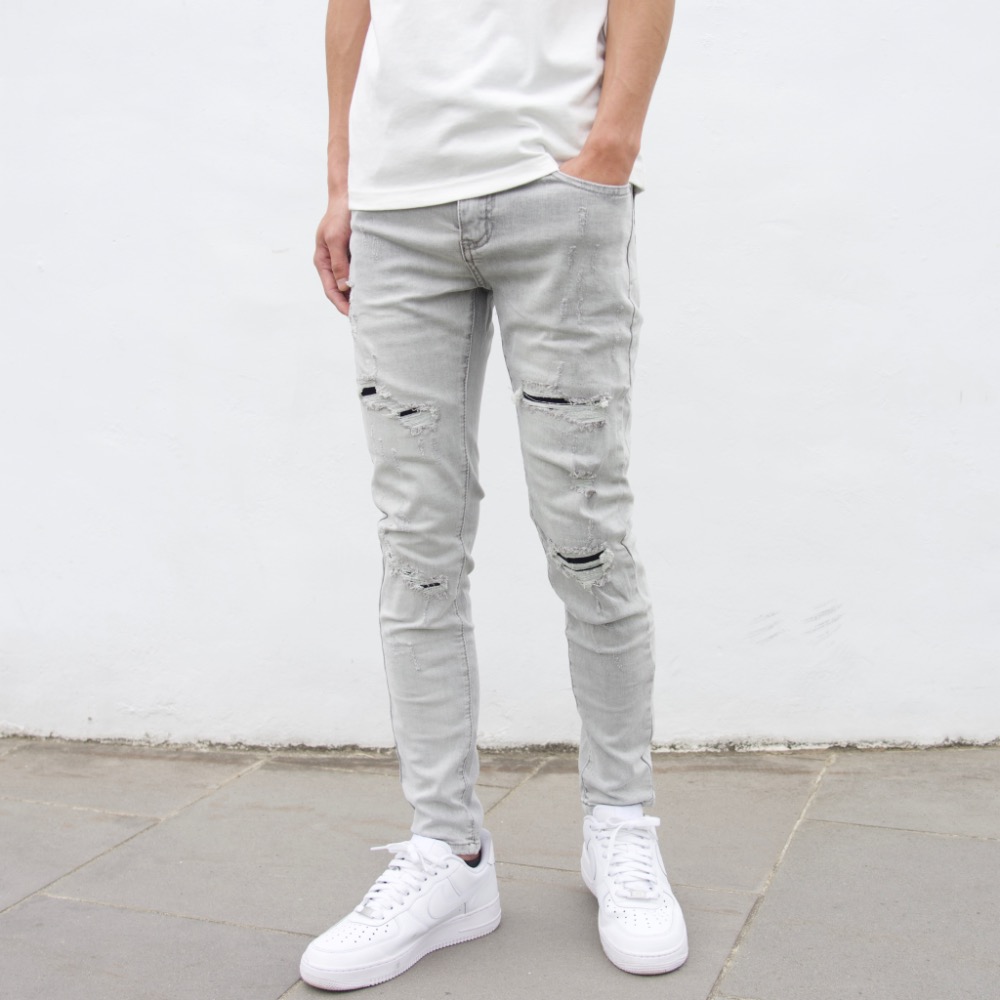 【CH】精緻白鯨修身刷破牛仔長褲 淺色牛仔褲 高腰褲 男生長褲 彈性丹寧牛仔褲 似D2褲 灰色牛仔破褲#41061-細節圖4