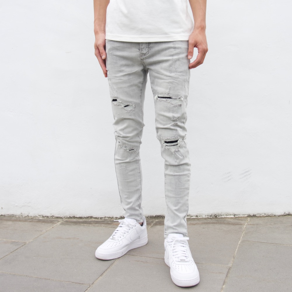 【CH】精緻白鯨修身刷破牛仔長褲 淺色牛仔褲 高腰褲 男生長褲 彈性丹寧牛仔褲 似D2褲 灰色牛仔破褲#41061-細節圖5