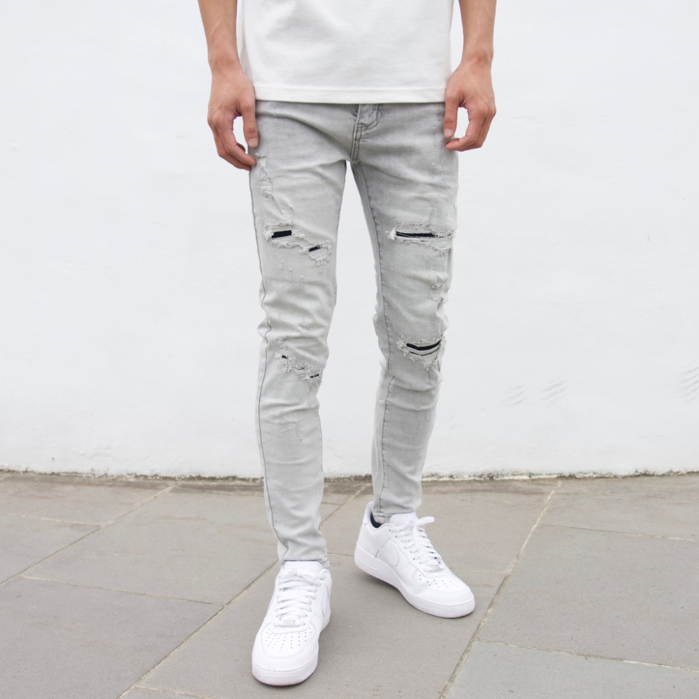 【CH】精緻白鯨修身刷破牛仔長褲 淺色牛仔褲 高腰褲 男生長褲 彈性丹寧牛仔褲 似D2褲 灰色牛仔破褲#41061-細節圖6