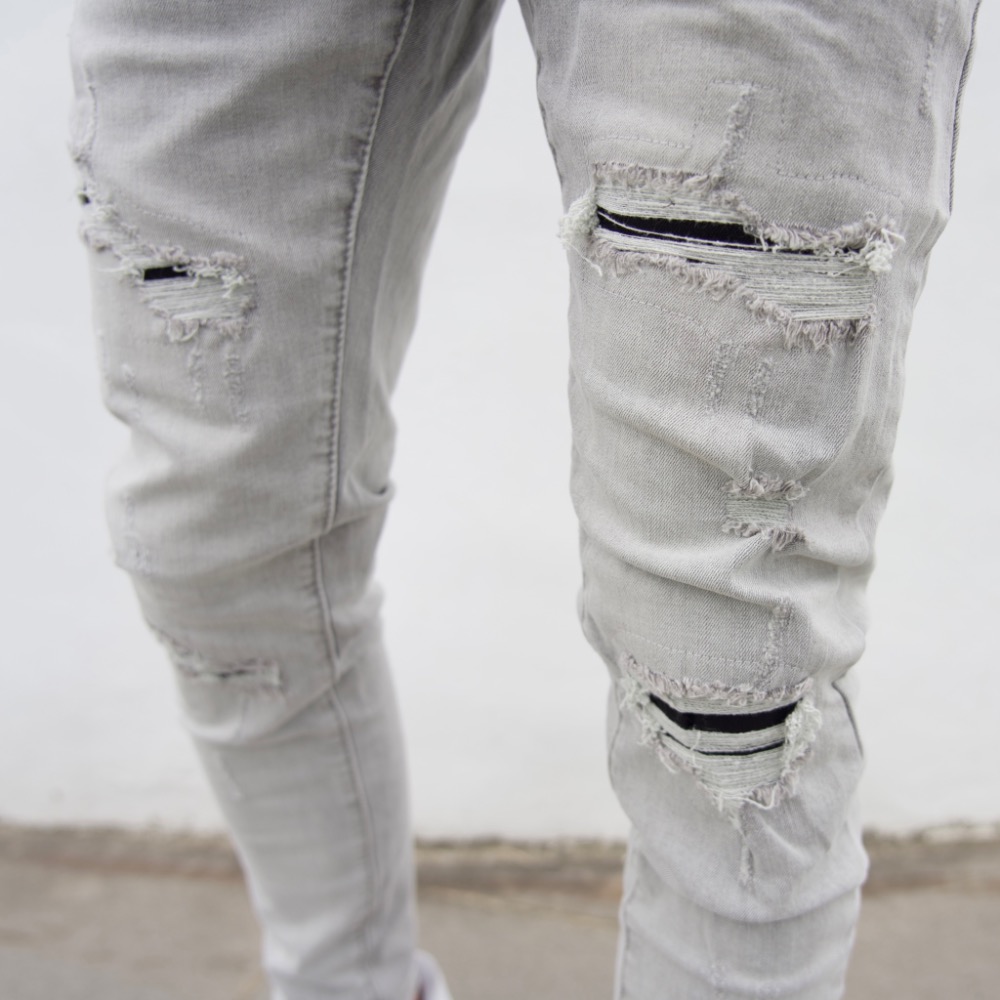 【CH】精緻白鯨修身刷破牛仔長褲 淺色牛仔褲 高腰褲 男生長褲 彈性丹寧牛仔褲 似D2褲 灰色牛仔破褲#41061-細節圖7