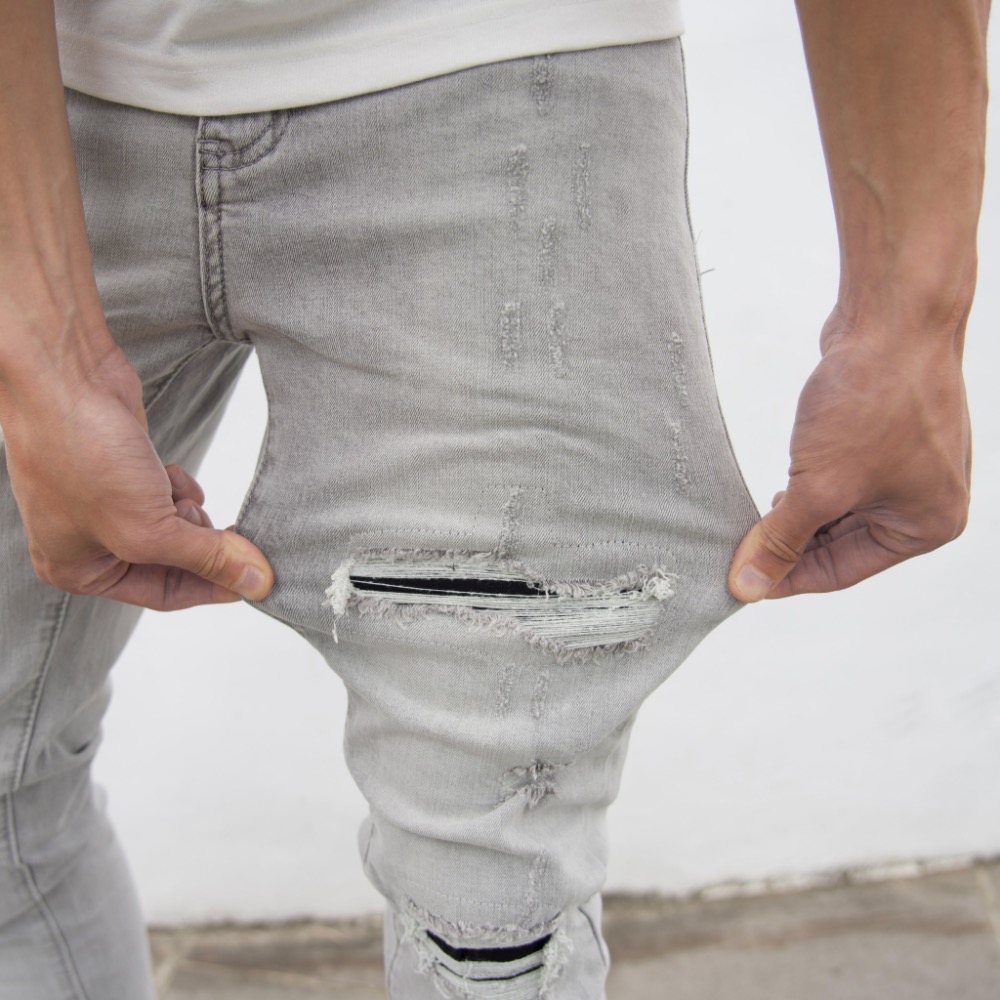 【CH】精緻白鯨修身刷破牛仔長褲 淺色牛仔褲 高腰褲 男生長褲 彈性丹寧牛仔褲 似D2褲 灰色牛仔破褲#41061-細節圖8