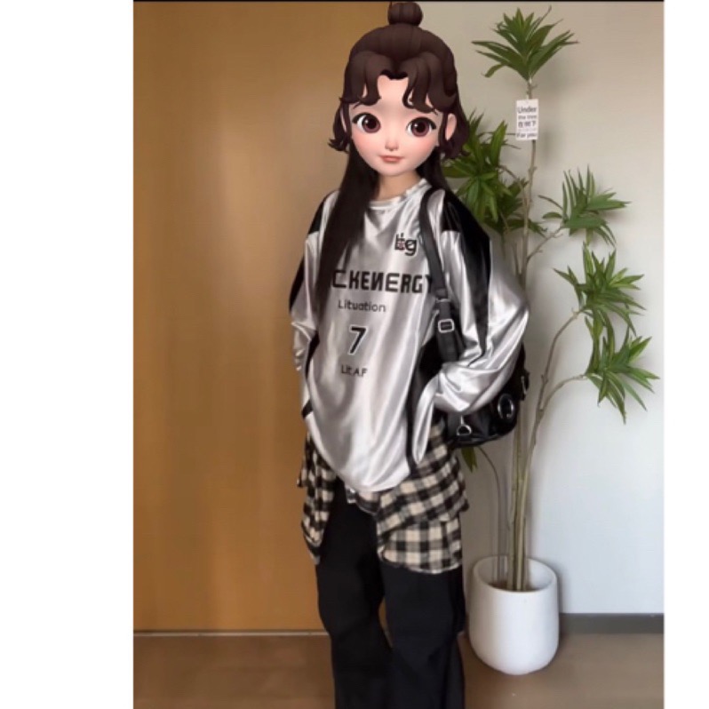 ￼現貨！美式復古🖤光澤感球衣韓團銀色長袖T恤運動風衛衣銀色上衣休閒風球衣長袖T恤潮流new jeans大學t-細節圖7