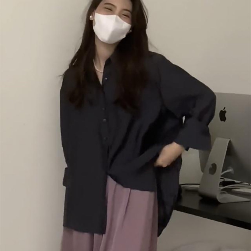 現貨！韓系簡約百搭長袖襯衫質感日常穿搭襯衫長袖上衣黑色上衣日系簡約襯衫傘裙a字裙半身裙設計感小眾長袖上衣黑色襯衫-細節圖2