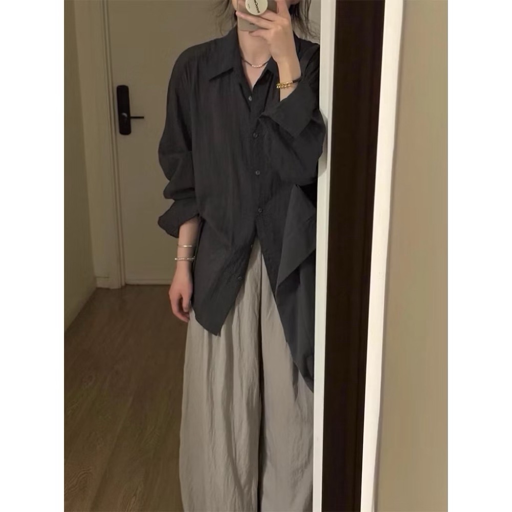 現貨！韓系簡約百搭長袖襯衫質感日常穿搭襯衫長袖上衣黑色上衣日系簡約襯衫傘裙a字裙半身裙設計感小眾長袖上衣黑色襯衫-細節圖3