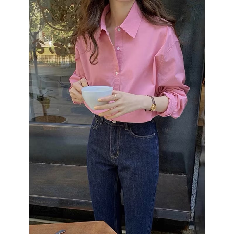 現貨！韓系法式溫柔風襯衫💗質感粉紅色襯衫長袖襯衫韓系chic韓風穿搭時尚長袖上衣簡約襯衫學院風長袖襯衫粉色襯衫miu-細節圖2