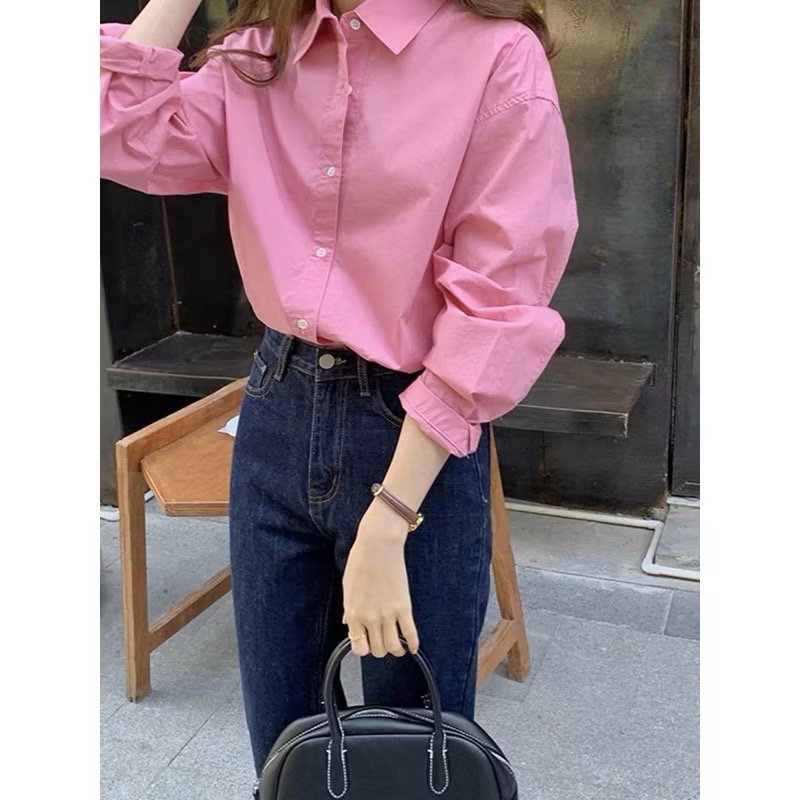 現貨！韓系法式溫柔風襯衫💗質感粉紅色襯衫長袖襯衫韓系chic韓風穿搭時尚長袖上衣簡約襯衫學院風長袖襯衫粉色襯衫miu-細節圖3