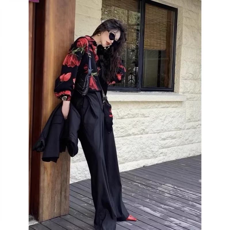 港風襯衫玫瑰花襯衫復古襯衫長袖襯衫長袖上衣-細節圖3