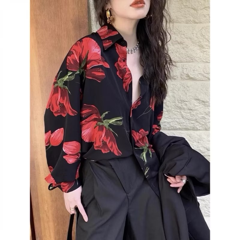 港風襯衫玫瑰花襯衫復古襯衫長袖襯衫長袖上衣-細節圖4