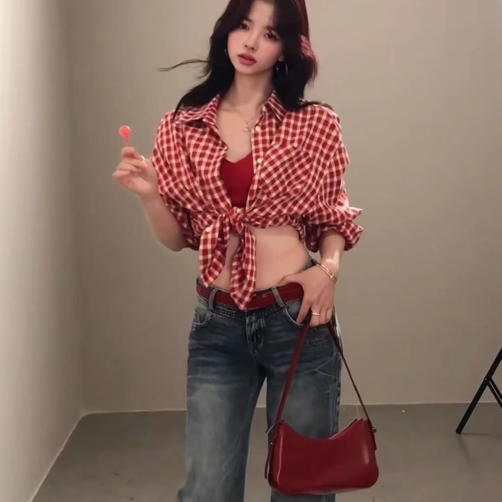 ￼現貨！韓系女團穿搭美式復古襯衫長袖襯衫紅色襯衫格子襯衫休閒風襯衫襯衫長袖上衣格紋襯衫-細節圖3