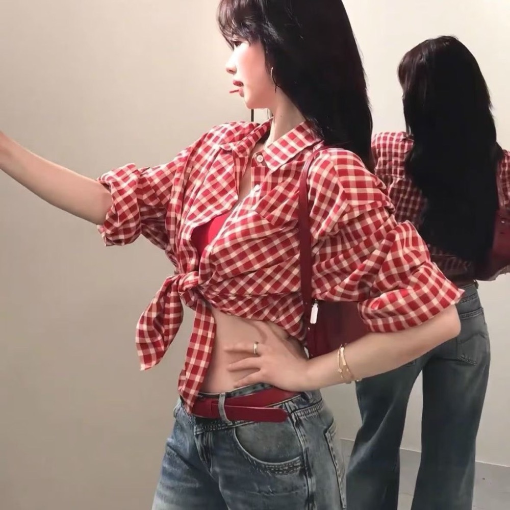 ￼現貨！韓系女團穿搭美式復古襯衫長袖襯衫紅色襯衫格子襯衫休閒風襯衫襯衫長袖上衣格紋襯衫-細節圖4