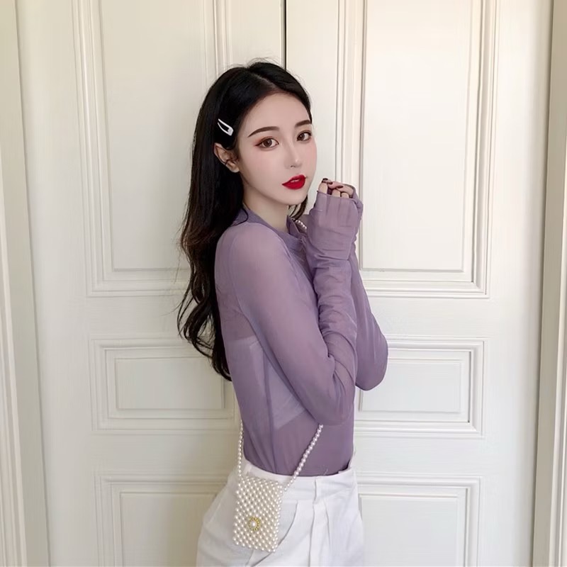 紫色網紗上衣長袖透膚上衣網紗上衣-細節圖2