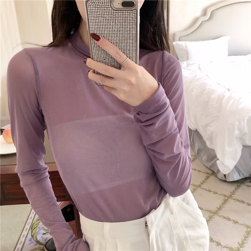 紫色網紗上衣長袖透膚上衣網紗上衣-細節圖3