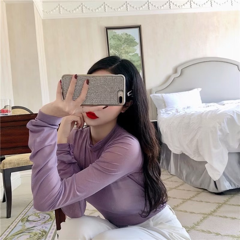 紫色網紗上衣長袖透膚上衣網紗上衣-細節圖4