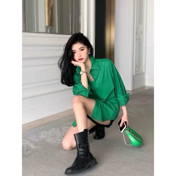 BV綠色襯衫💚質感ins復古港風襯衫高級感襯衫韓版長袖襯衫長袖上衣BV綠襯衫長袖襯衫綠色-細節圖2