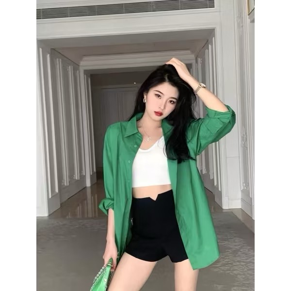 BV綠色襯衫💚質感ins復古港風襯衫高級感襯衫韓版長袖襯衫長袖上衣BV綠襯衫長袖襯衫綠色-細節圖3