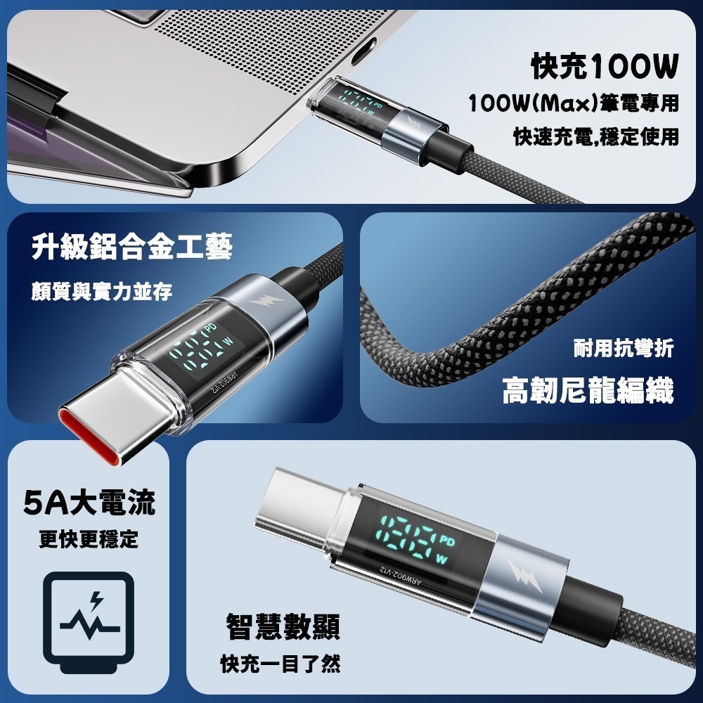 WillGo (3入組) 急速 PD 100W 數位顯示充電編織傳輸線 1.2m*3  免運-細節圖2