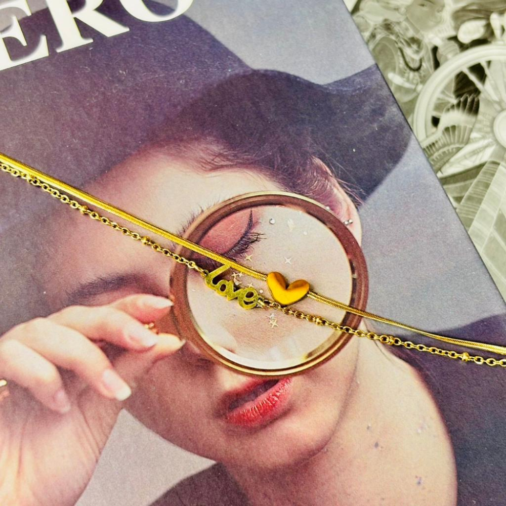 3128MY【小確幸飾品】鈦鋼手鍊 鈦鋼 醫療鋼 抗過敏 不褪色 防水 耐磨 金色 豬鼻 love雙鍊 排鋯 四葉草-細節圖5