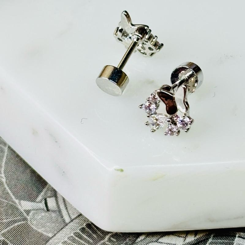 【小確幸飾品】醫療鋼鎖珠造型耳釘 貼耳 輕奢 日韓 百搭 不易過敏 不易褪色 白鋯蝴蝶 雙星 紫鋯水滴 白鋯愛心-細節圖2