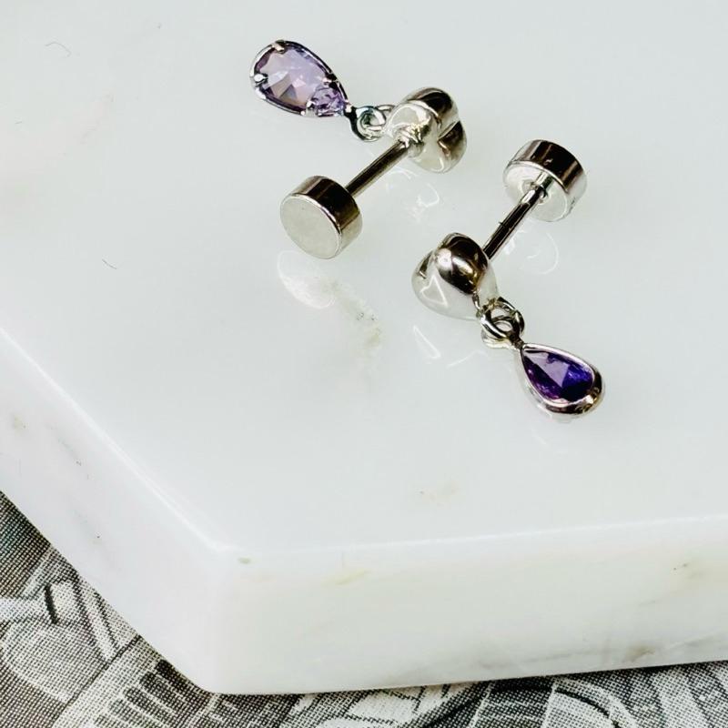 【小確幸飾品】醫療鋼鎖珠造型耳釘 貼耳 輕奢 日韓 百搭 不易過敏 不易褪色 白鋯蝴蝶 雙星 紫鋯水滴 白鋯愛心-細節圖4