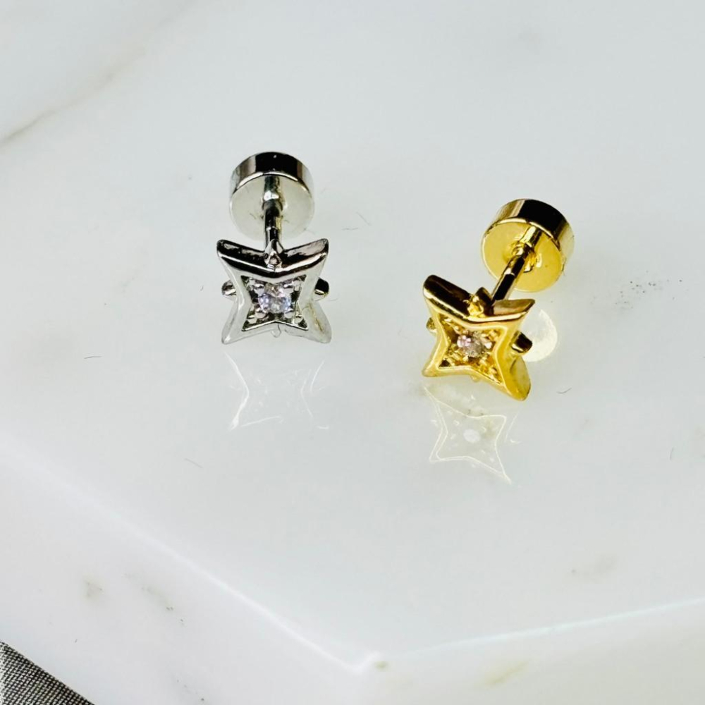 【小確幸飾品】醫療鋼鎖珠造型耳釘 貼耳 輕奢 日韓 百搭 金 銀 三角 花花 芒星 大芒星 星球鑰匙-細節圖3