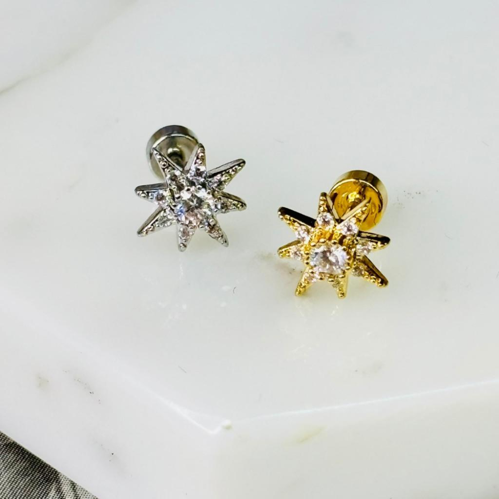 【小確幸飾品】醫療鋼鎖珠造型耳釘 貼耳 輕奢 日韓 百搭 金 銀 三角 花花 芒星 大芒星 星球鑰匙-細節圖5