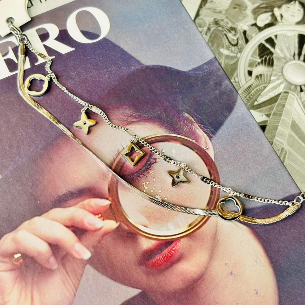 3132MY【小確幸飾品】鈦鋼手鍊 鈦鋼 醫療鋼 抗過敏 不褪色 防水 耐磨 銀色 雙鍊 四葉草 芒星-細節圖4