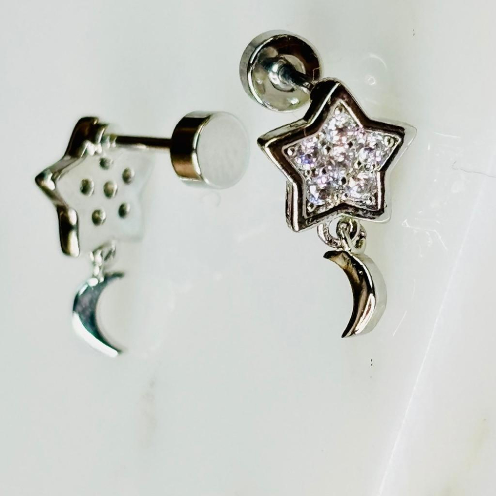 1011MA【小確幸飾品】醫療鋼鎖珠耳環 抗過敏 不退色 5A鋯石 貼耳 輕奢 日韓 百搭 白鋯 星月 星星 月亮-細節圖2