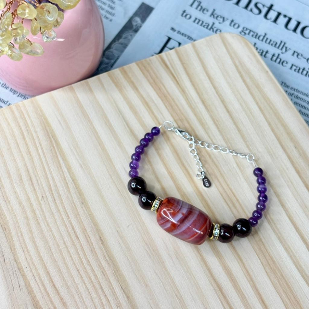 7307MY【小確幸飾品】千層光 設計款水晶手串 瑪瑙 紅石榴石 紫水晶 五行火能量 頂輪海底輪療癒 天然礦石-細節圖2