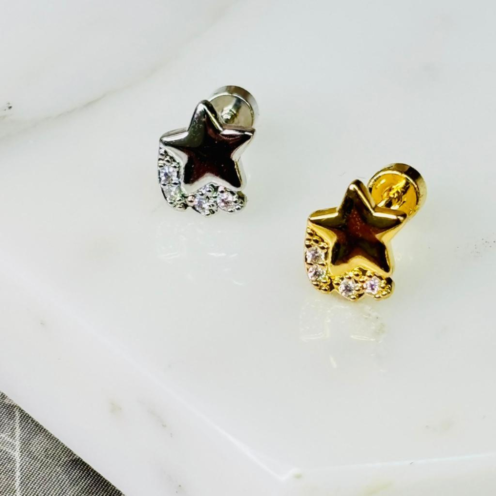 【小確幸飾品】醫療鋼鎖珠造型耳釘 貼耳 輕奢 日韓 百搭 醫療鋼 不過敏 不褪色 金色 銀色 星星 排星 三星 星月控-細節圖3