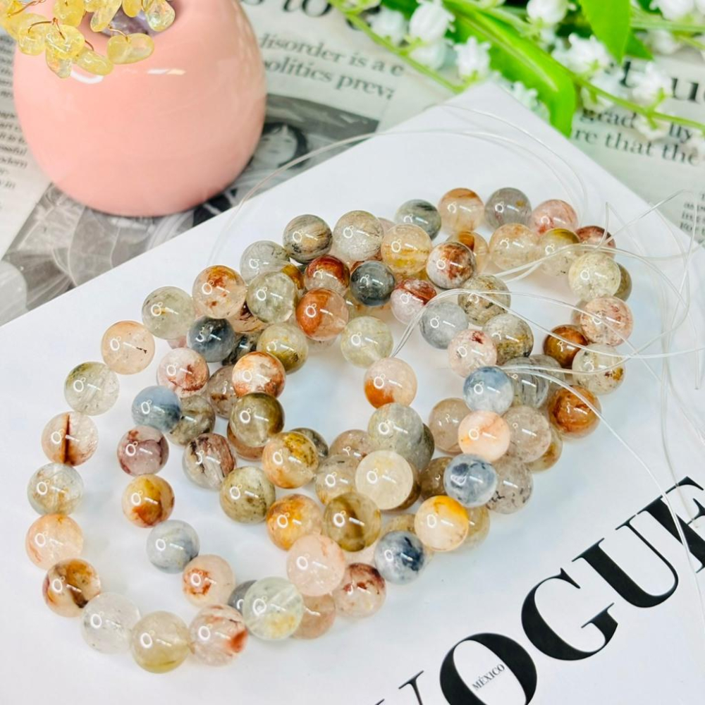 8393MY【小確幸飾品】彩兔毛水晶手串 五行能量 脈輪療癒 天然礦石-細節圖5