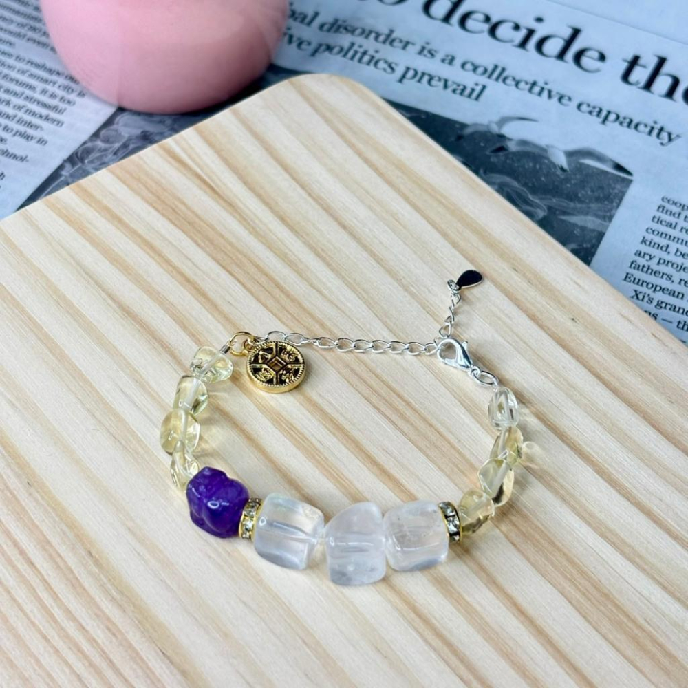 7304【小確幸飾品】靈獸萌守 設計款 手鍊 手串 貔貅 白水晶 黃水晶 質感 透亮 招財 守護 八方來財-細節圖2