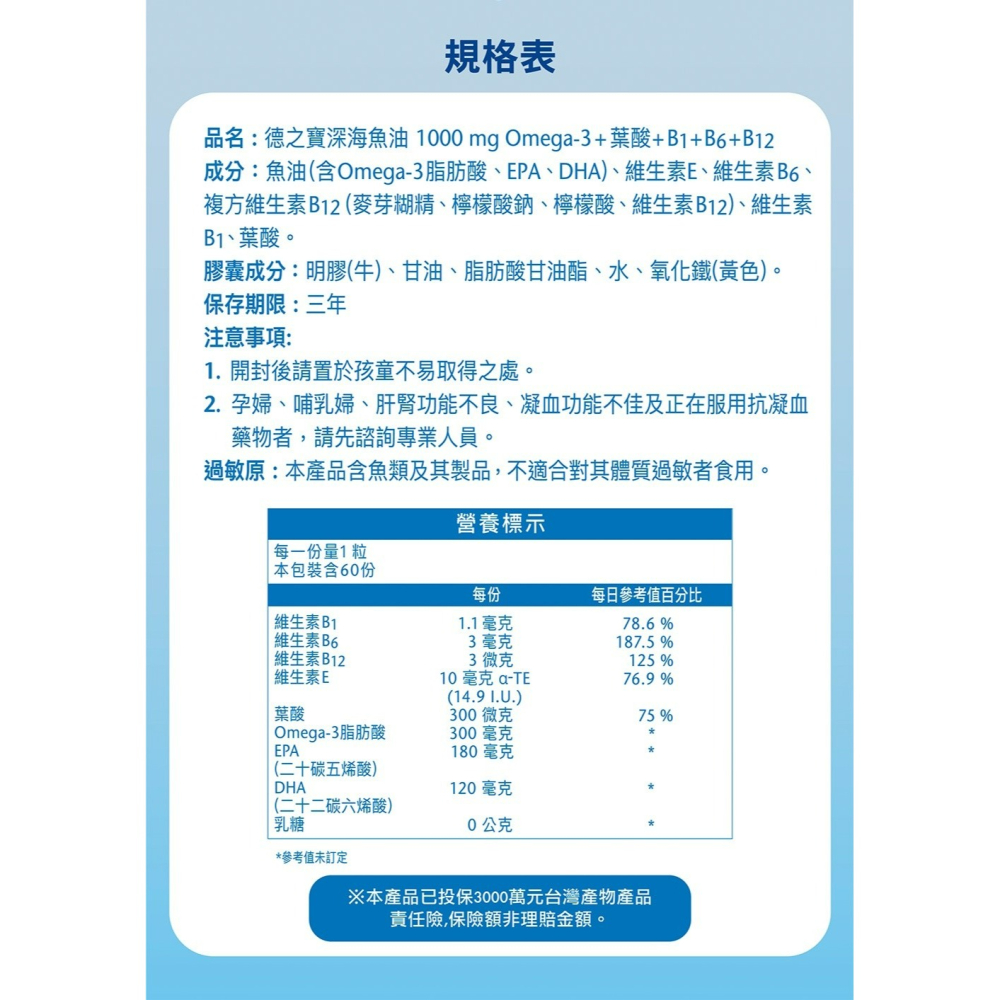 德之寶 Doppelherz 深海魚油1000mg Omega-3+葉酸+B1+B6+B12(60粒/盒)-細節圖3