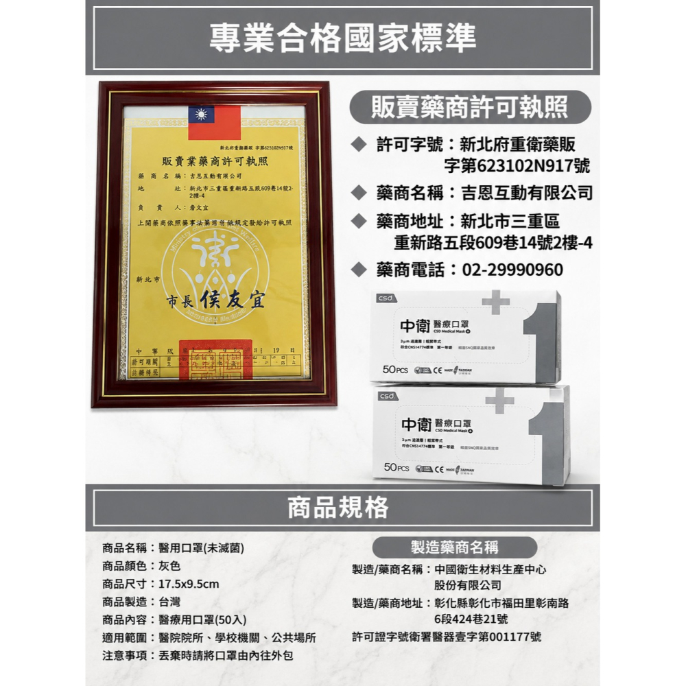 中衛 醫療級 一級口罩50入/盒 薄款 口罩-細節圖4