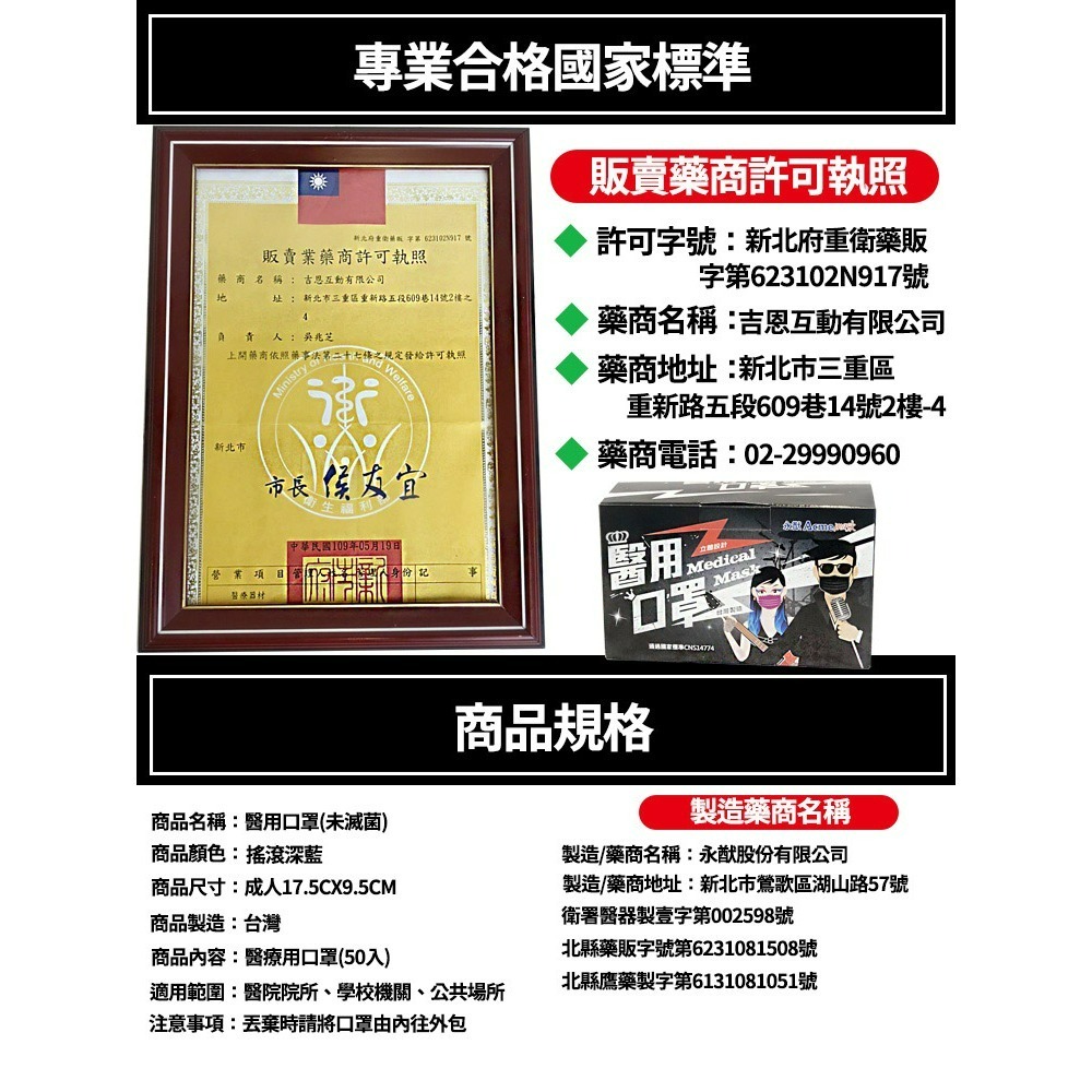 【限時購】永猷 醫療用 醫療口罩 50入/盒-2入組 搖滾黑 搖滾深藍-細節圖4
