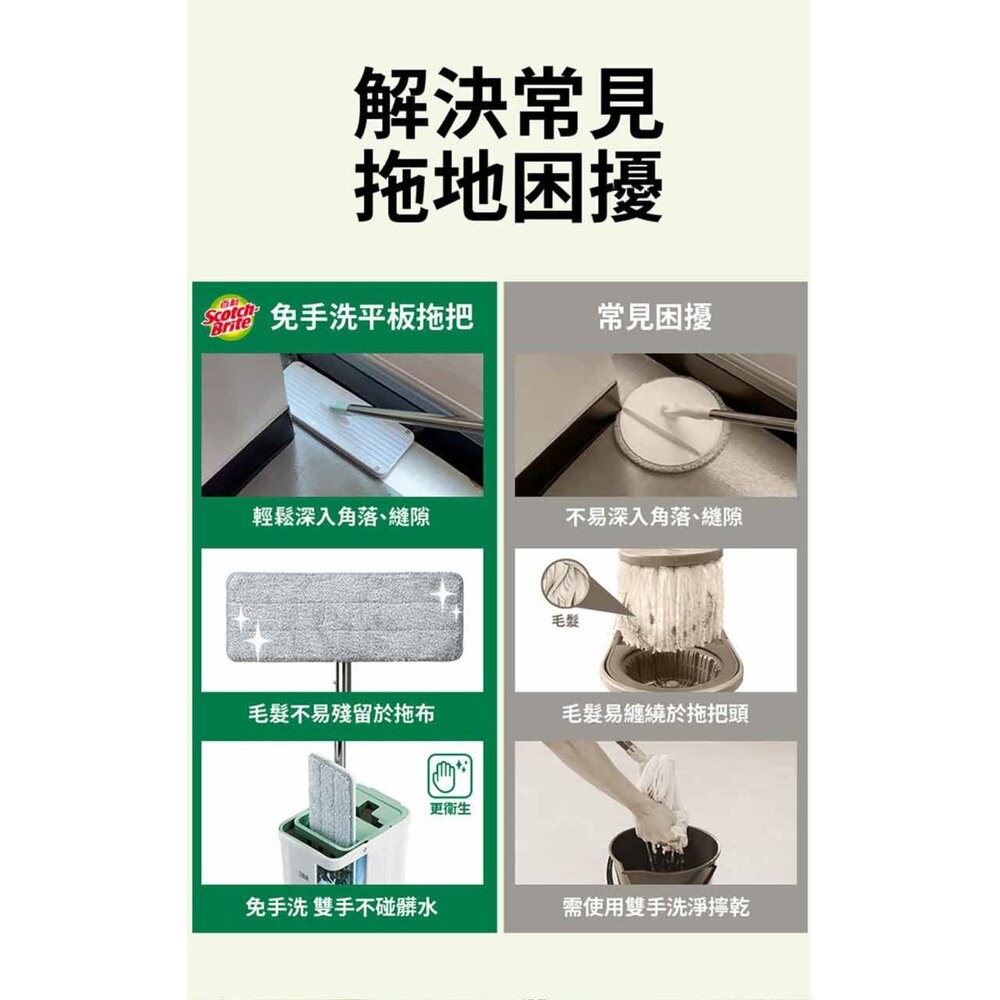3M 百利輕巧型免手洗平板拖把刮水桶(莫蘭迪綠)HFB002-細節圖4